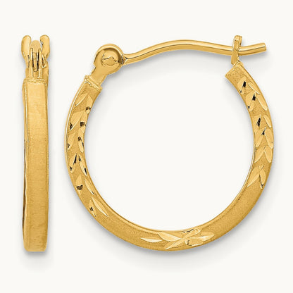 Satin and Polished Diamond Cut Design Hoops, 14K