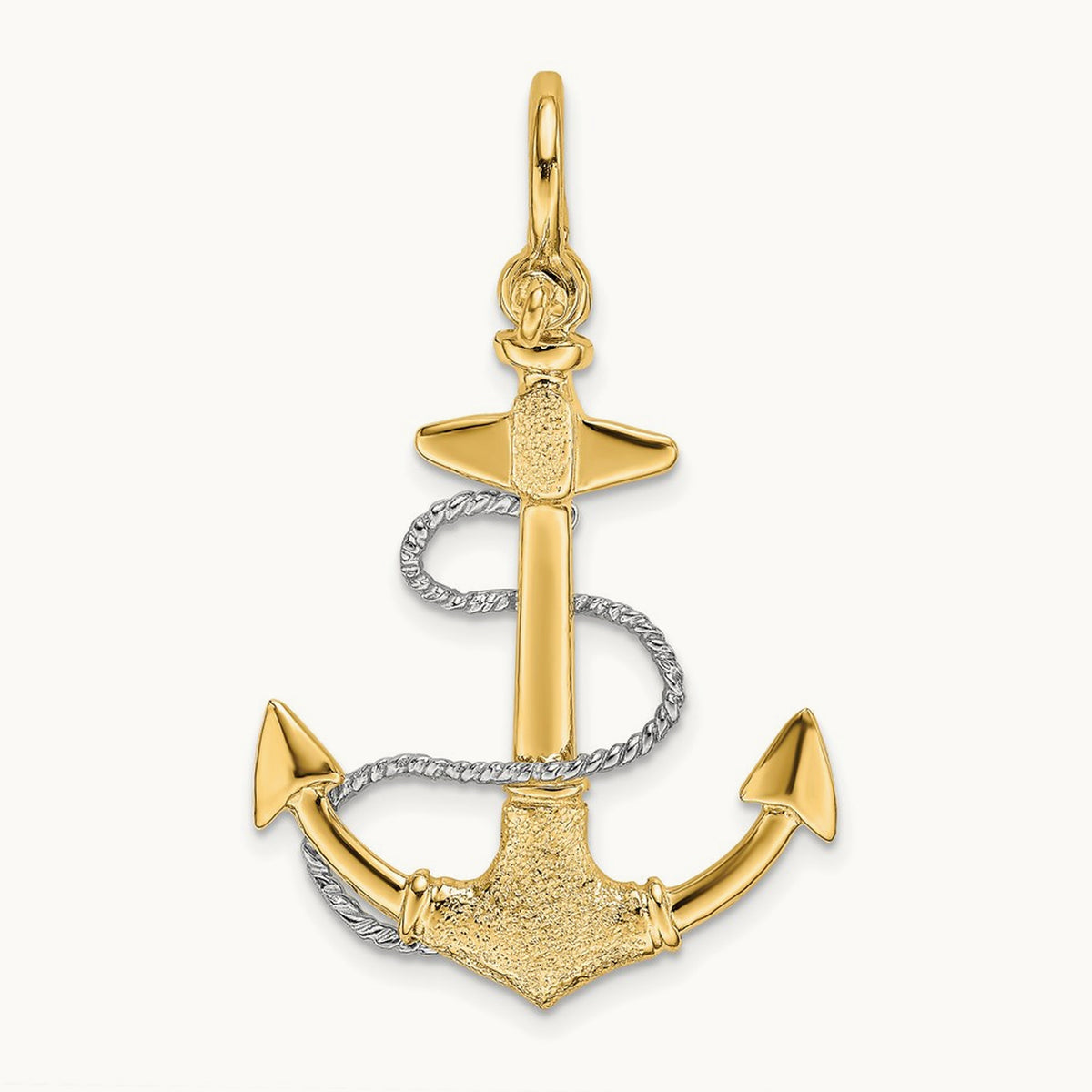 3-D Small Anchor w/Rope and Shackle Bail Charm, 14K Two-tone