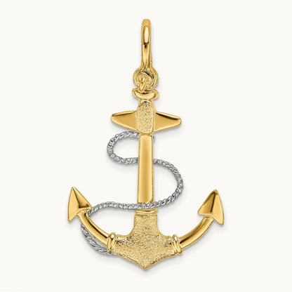 3-D Small Anchor w/Rope and Shackle Bail Charm, 14K Two-tone