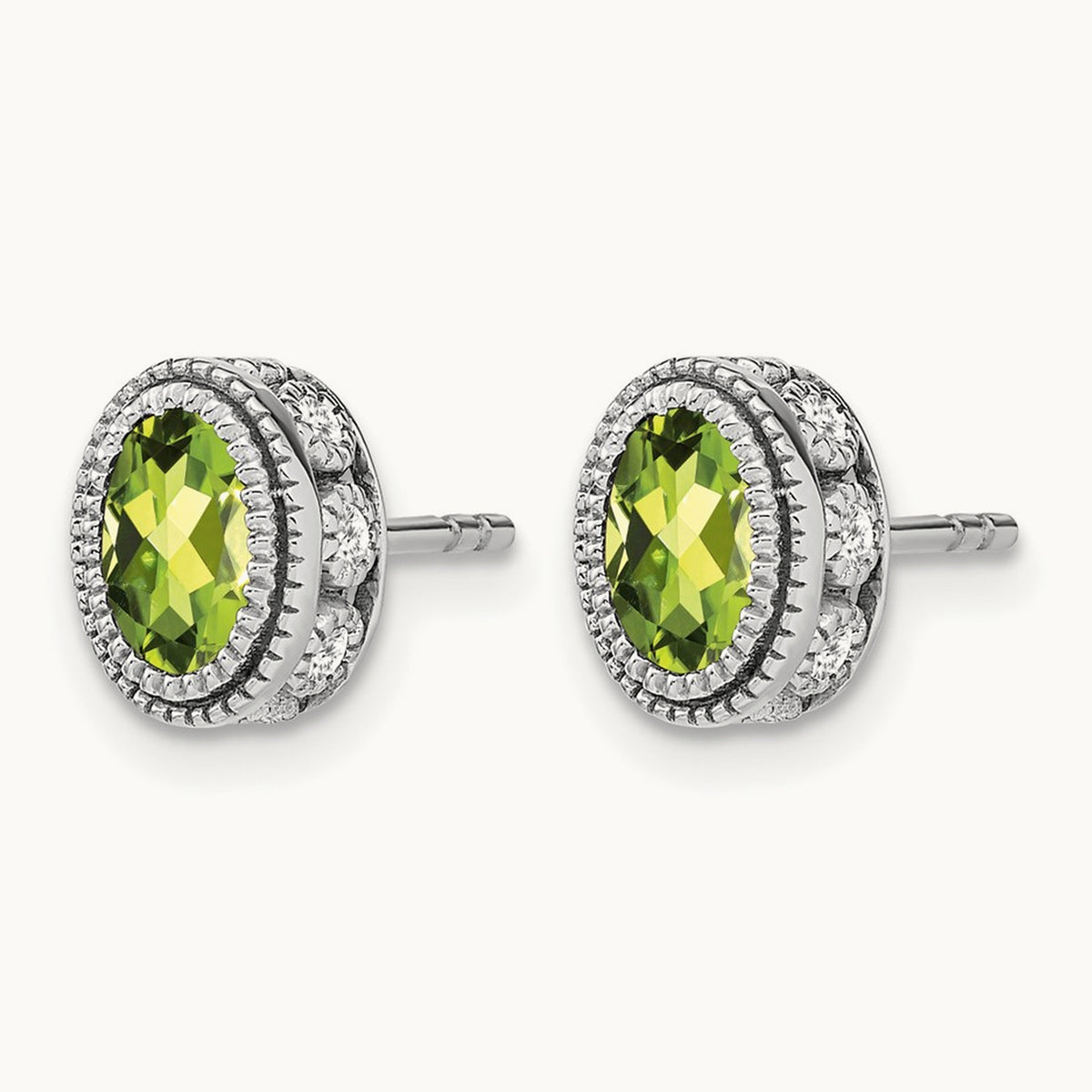Oval Peridot and Diamond Earrings — 14K White Gold