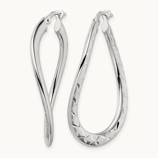 Rhod-plated Pol & D/C Curved Oval Hoop Earrings, Sterling Silver — Leslie's