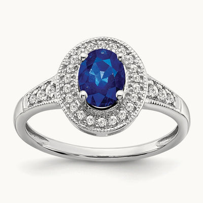 Oval Created Sapphire and Diamond Halo Ring, 14K White Gold