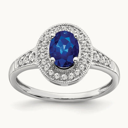 Oval Created Sapphire and Diamond Halo Ring, 14K White Gold