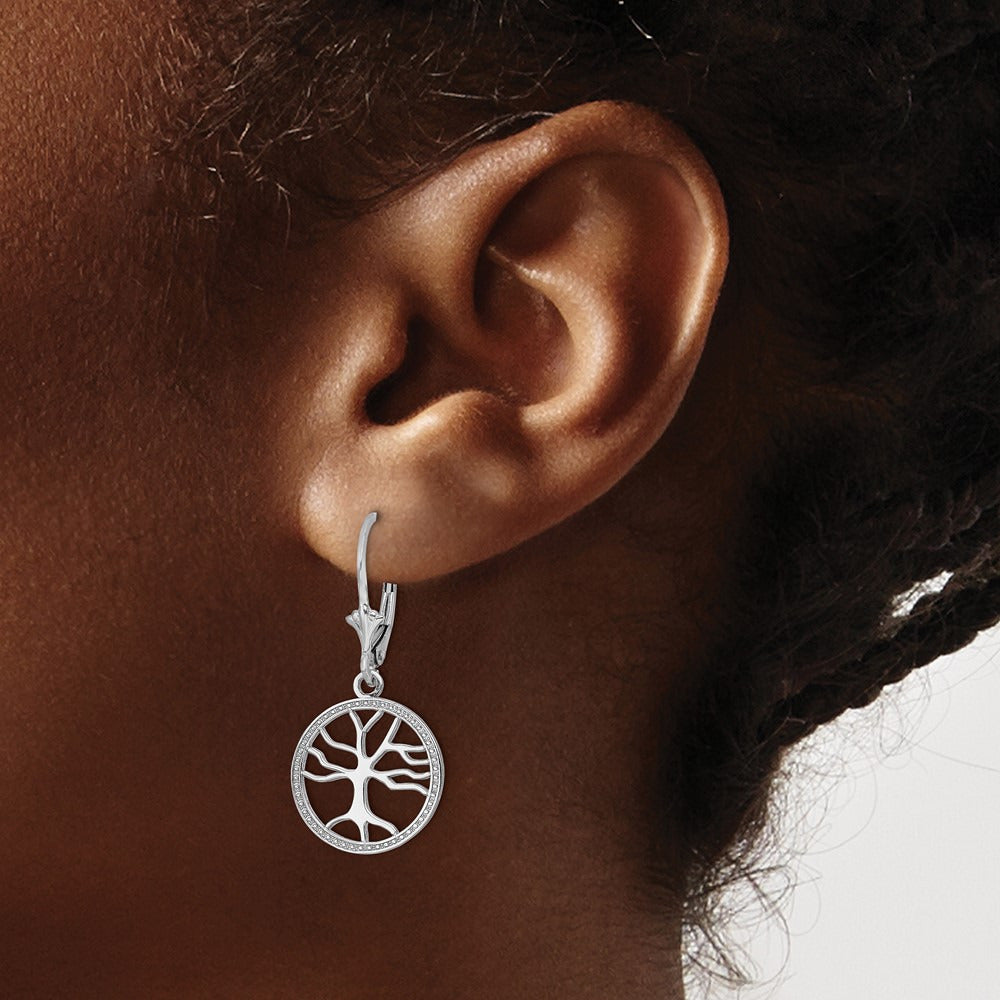 Tree of Life In Round Frame Leverback Earrings — 14K White Gold