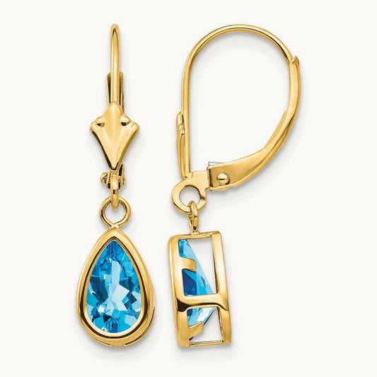 8x5mm Pear Blue Topaz Leverback Earrings — 14K Yellow Gold