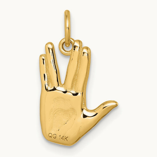 Polished Live Long and Prosper Hand Pendant, 14K
