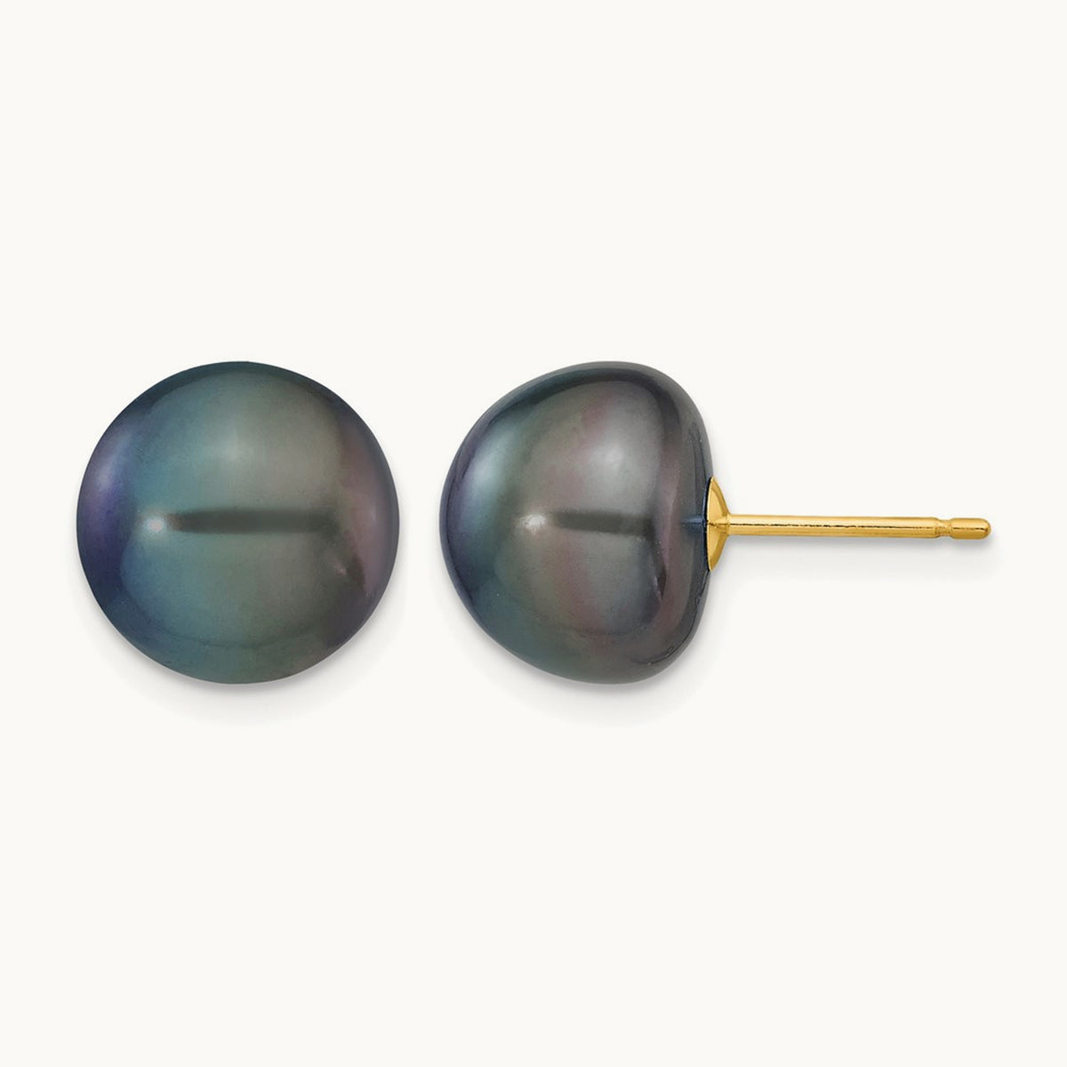 Black Button Freshwater Cultured Pearl Stud Post Earrings — 14K Yellow Gold