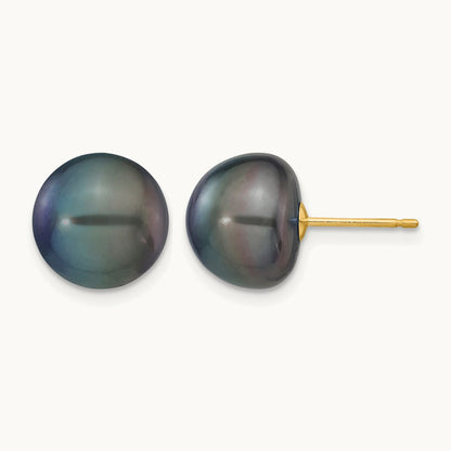 Black Button Freshwater Cultured Pearl Stud Post Earrings — 14K Yellow Gold