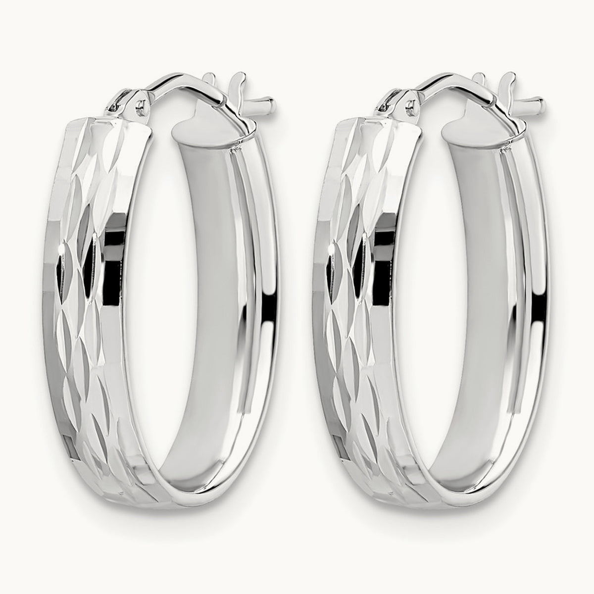 w/Wht RH-plating Pol/Dia-cut Oval Hinged Hoop Earrings, 10K — Leslie's