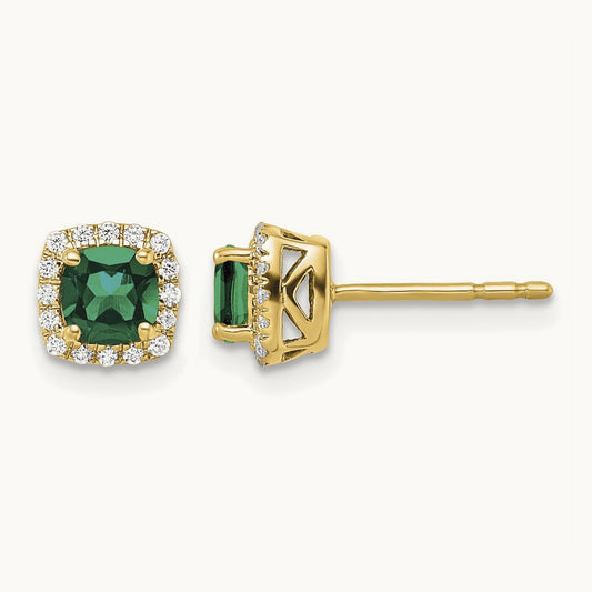 Created Emerald Square Halo Post Earrings, 0.10 ct tw Lab-Grown Diamond — 14K Yellow Gold