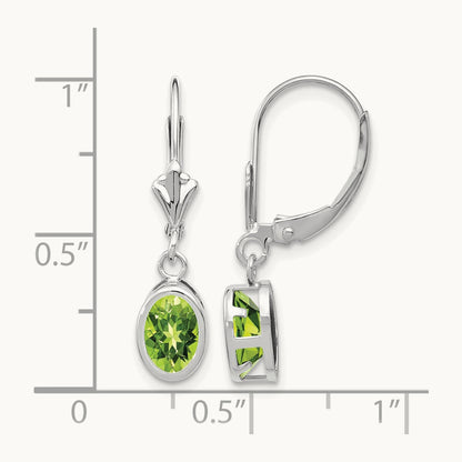 Oval Peridot Leverback Earrings — 14K White Gold, 26mm, 7x5mm