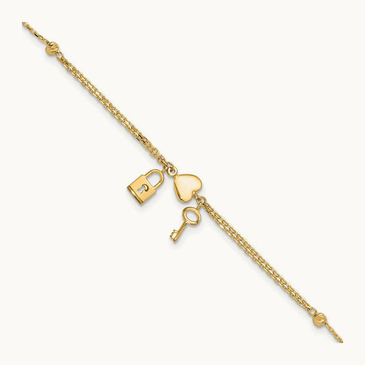 Polished and Diamond-cut Heart Lock and Key w/ .5in ext. Bracelet, 14K