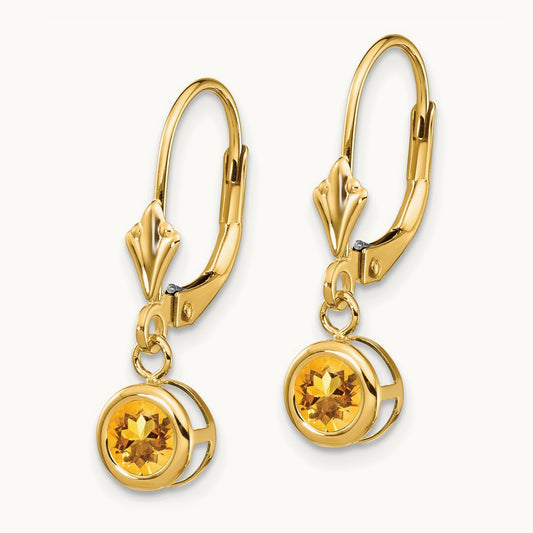 Citrine Round Leverback Earring, 14K