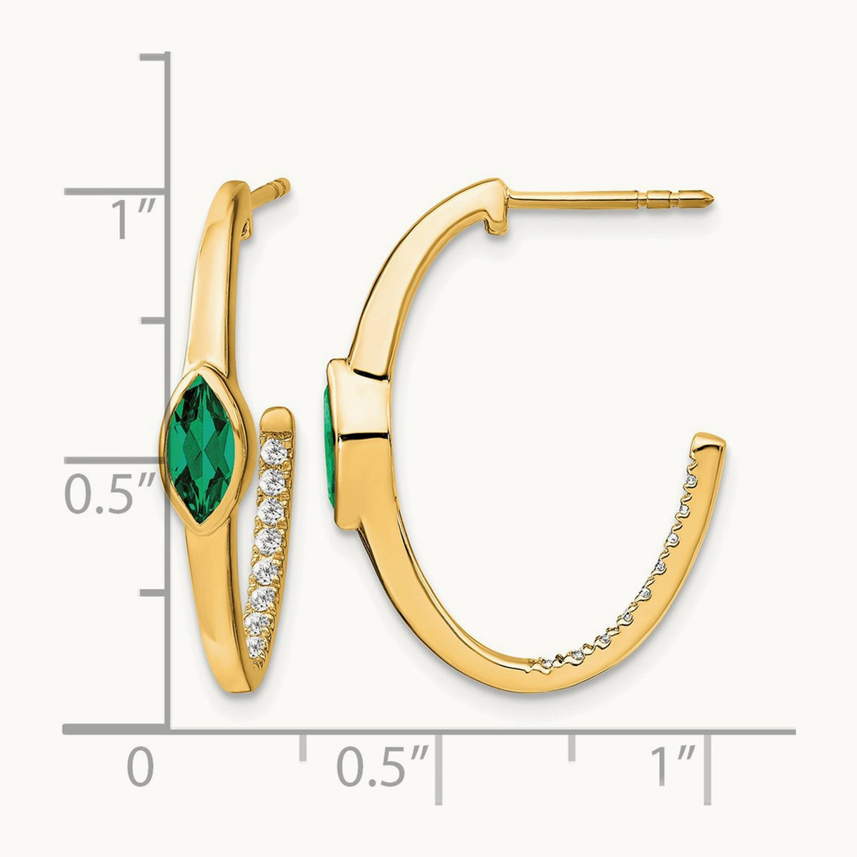 Marquise Created Emerald and Diamond J-hoop Earrings, 14K