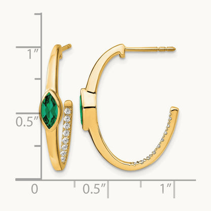 Marquise Created Emerald and Diamond J-hoop Earrings, 14K
