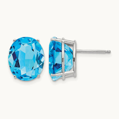 Blue Topaz Oval Stud Earrings, 14K White Gold