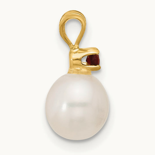 7- White Round FWC Pearl Garnet Pendant, 7.5mm, 14K