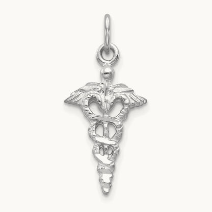 3-D Caduceus Charm, 14K White Gold
