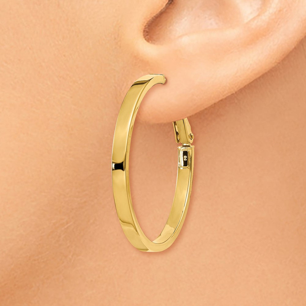 Polished Square Tube Round Hoop Earrings — 14K Yellow Gold, 3x35mm