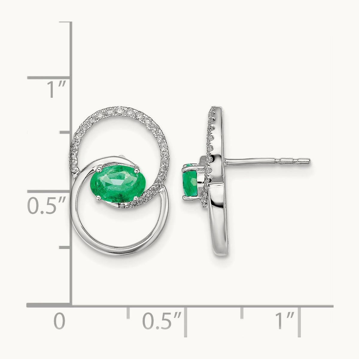Double Circle Emerald/Diamond Post Earrings, 14K White Gold
