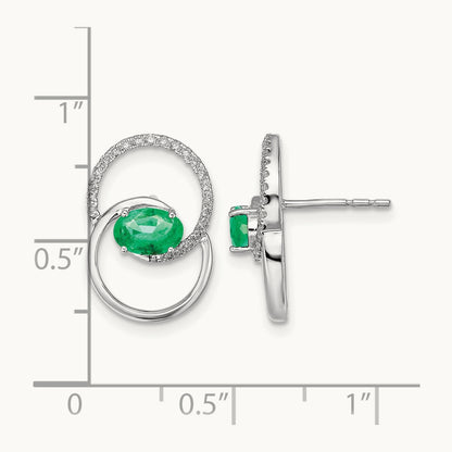 Double Circle Emerald/Diamond Post Earrings, 14K White Gold