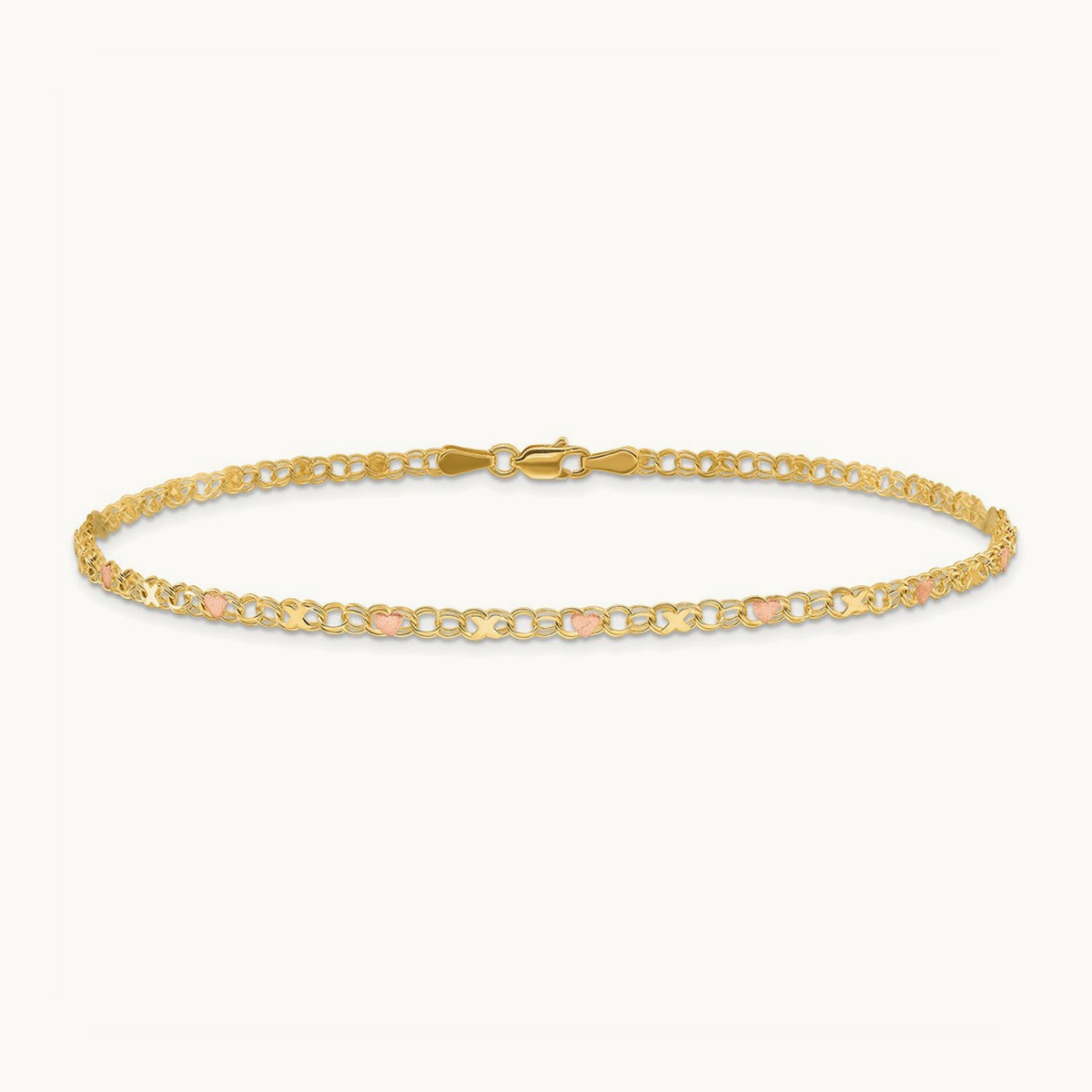 X's and Hearts 10in Anklet, 14K with Rose
