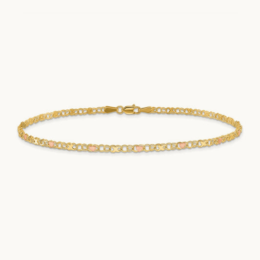 X's and Hearts 10in Anklet, 14K with Rose