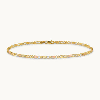 X's and Hearts 9in Anklet, 14K with Rose