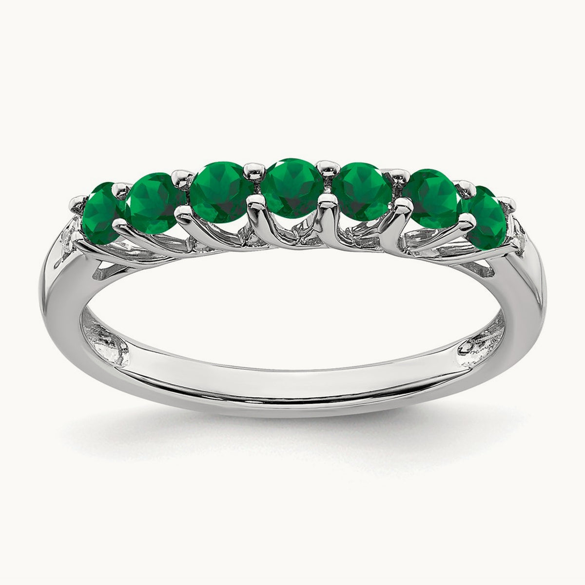 Created Emerald and Diamond 7-stone Ring, 14K White Gold