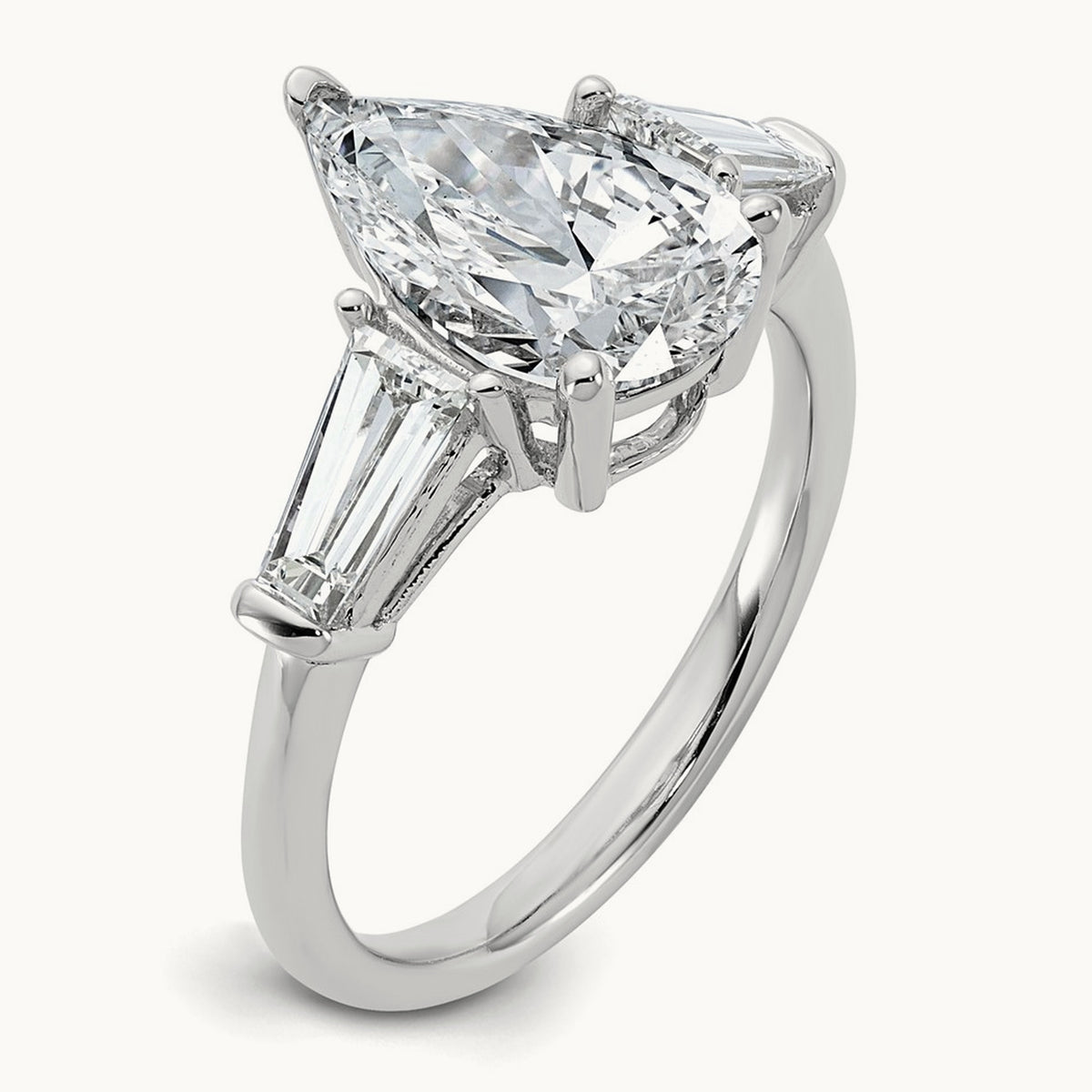 Pear/Baguette Engagement Ring — 14K White Gold, 3 1/3 ct, 7