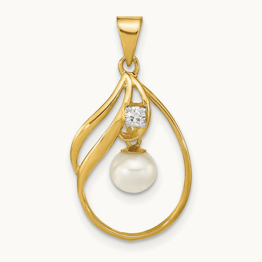5- Round White FWC Pearl .05ct. Diamond Pendant, 6mm, 14K
