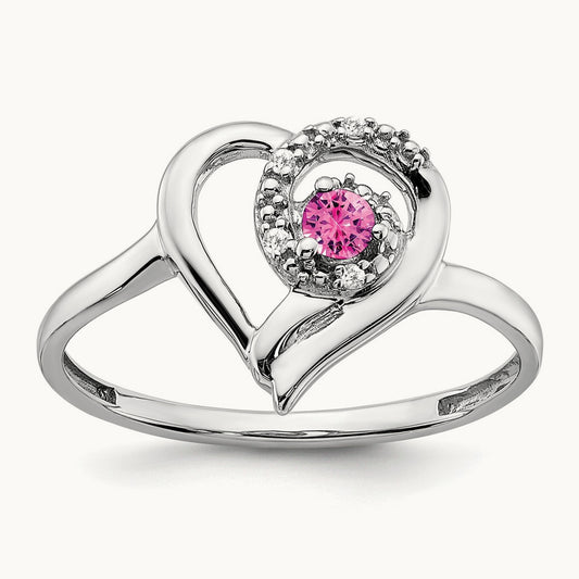 Created Pink Sapphire and Diamond Heart Ring, 14K White Gold
