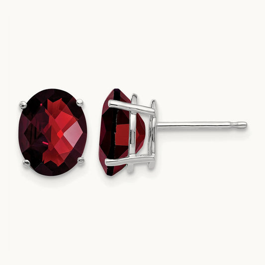 9x7mm Oval Garnet Checker Earrings, 14K White Gold