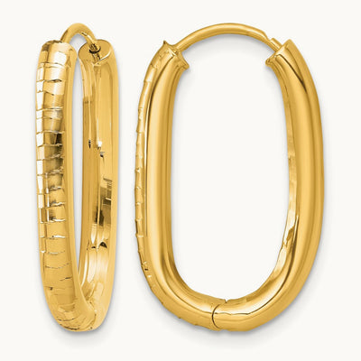 Polished and Grooved Oval Hinged Hoop Earrings, 14K