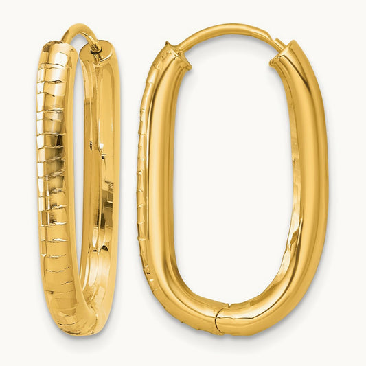 Polished and Grooved Oval Hinged Hoop Earrings, 14K