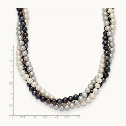6- Multicolor Freshwater Cultured Pearl 3-strand Necklace — 14K Yellow Gold
