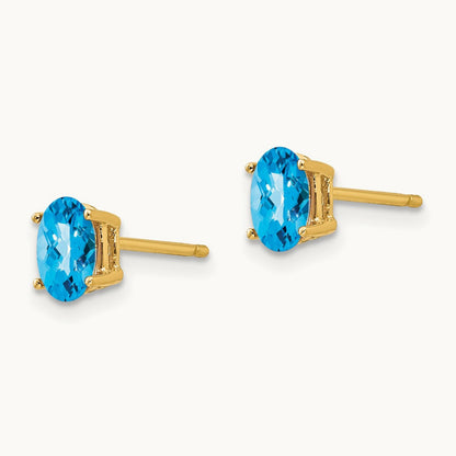 6x4mm Oval Blue Topaz Checker Earrings, 14K