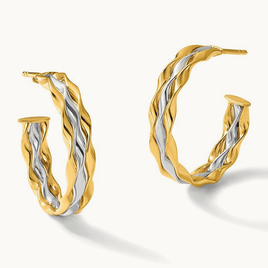 w/Rhodium Polished Wave J-Hoop Post Earrings, 14K — Leslie's