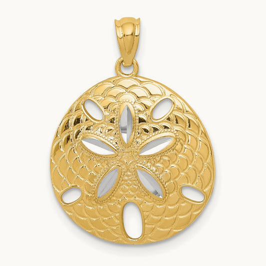 Diamond-cut Polished Sand Dollar Pendant, 14K with White Rhodium