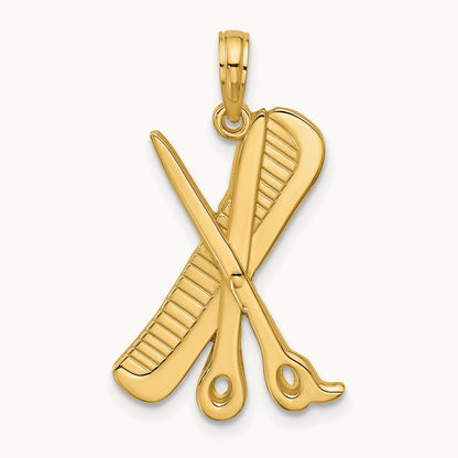 Polished Textured Scissor and Comb Pendant, 14K