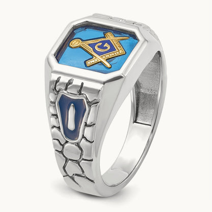 IBGoodman Textured Enamel Cr. Sapphire Blue Lodge Masonic Ring, 14K White Gold
