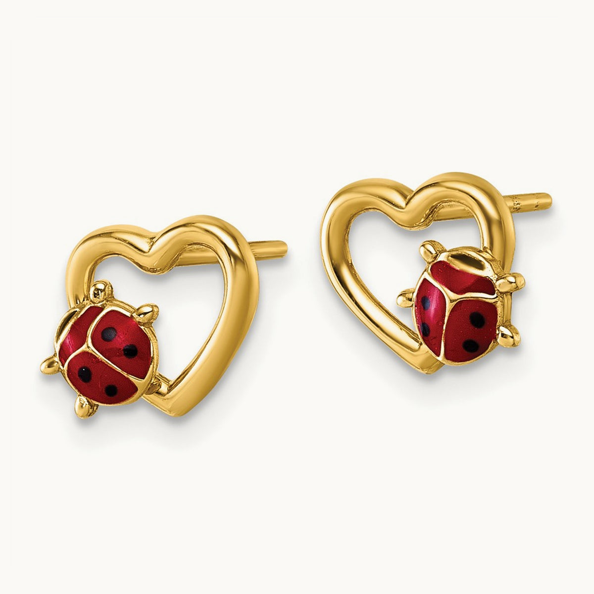 Polished Heart with Enameled Lady Bug Post Earrings, 14K