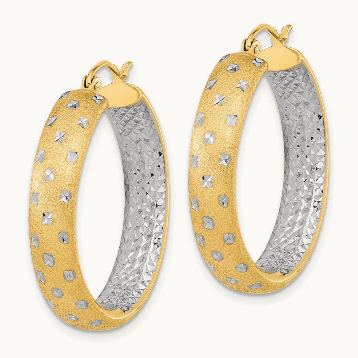 Rhodium Polished Satin Diamond-cut In/Out Hoop Earrings, 14K White