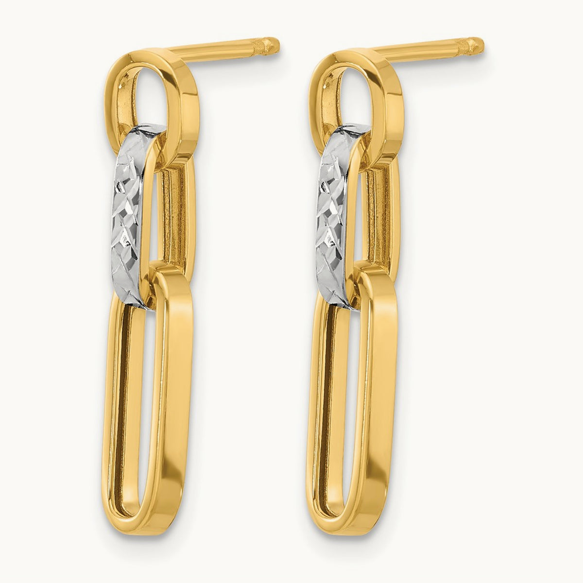 Polished and Diamond-cut Link Dangle Post Earrings — 14K Two-Tone Gold