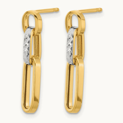Polished and Diamond-cut Link Dangle Post Earrings — 14K Two-Tone Gold