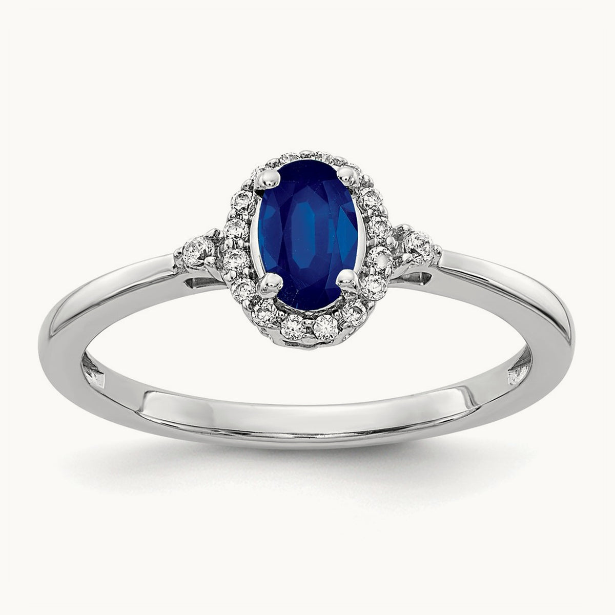 Oval Sapphire and Diamond Halo Ring, 14K White Gold