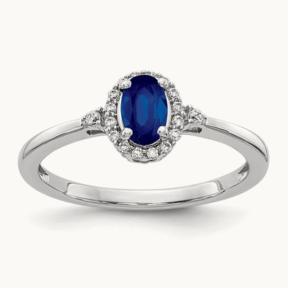 Oval Sapphire and Diamond Halo Ring, 14K White Gold
