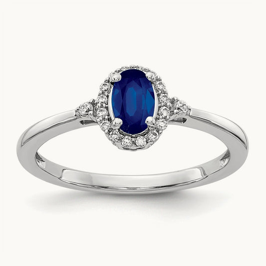 Oval Sapphire and Diamond Halo Ring, 14K White Gold