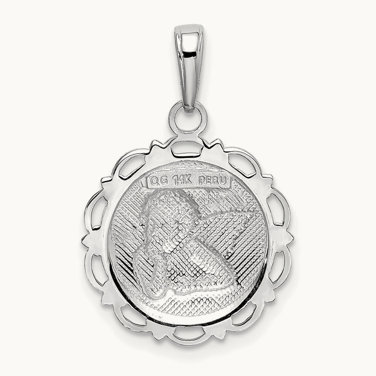 Polished Angel On Round Scallop Frame Pendant — 14K White Gold