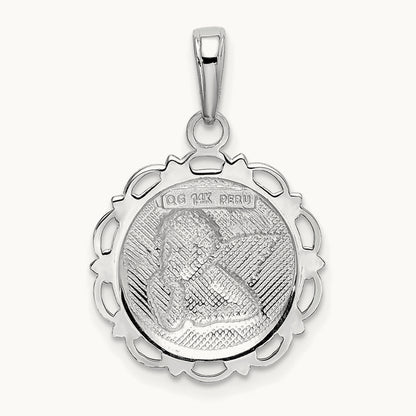 Polished Angel On Round Scallop Frame Pendant — 14K White Gold